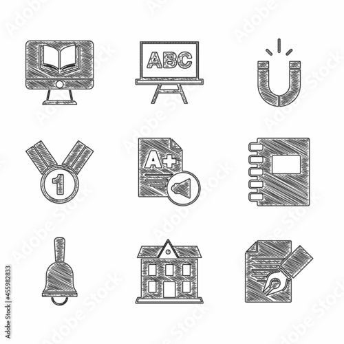 Set Exam sheet with A plus grade, School building, and pencil, Spiral notebook, Ringing bell, Medal, Magnet and Online class icon. Vector