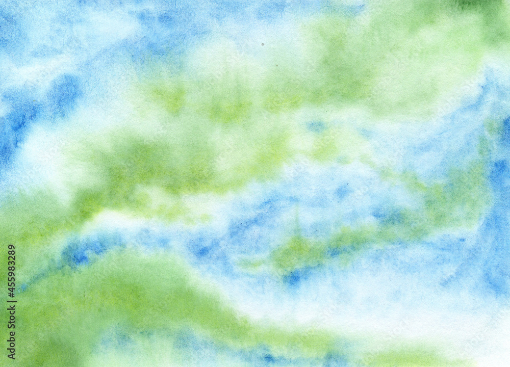 Abstract blue green watercolor background. Bright blue handdrawn abstraction. Watercolour texture for artistic card or flyer. Sea blue water color banner template. Paint wash and spots on paper