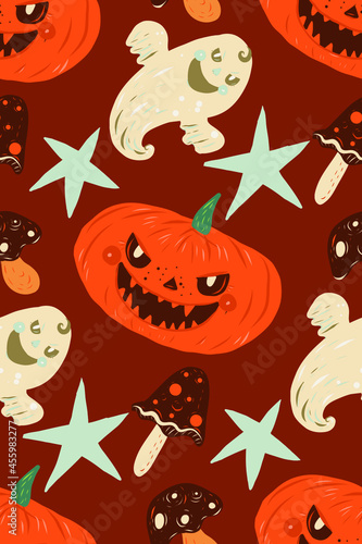 Halloween seamless pattern with pumpkins, ghost and mushrooms.