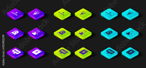 Set Speech bubble rip death, Holy bible book, Muslim cemetery, Angel, Lily flower and icon. Vector