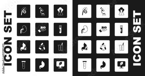 Set Chemical explosion, Bio healthy food, Human kidney, Leaf or leaves, Test tube and flask, Microscope, Laboratory glassware beaker and Stomach heartburn icon. Vector