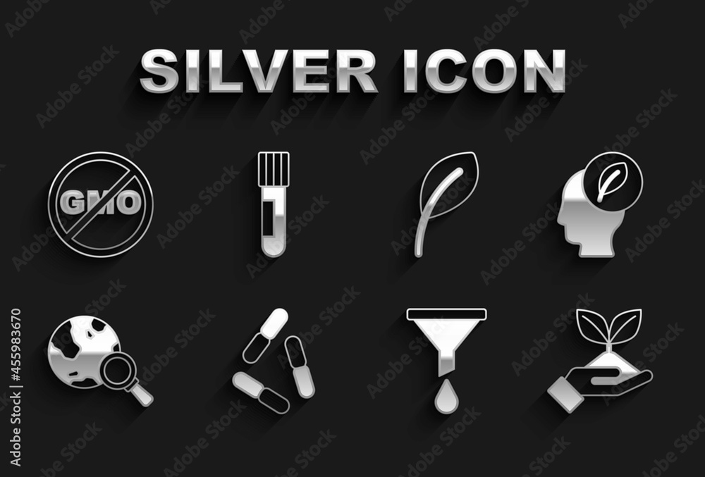 Set Virus, Human head with leaf inside, Plant hand, Funnel or filter, Magnifying glass globe, Leaf leaves, No GMO and Test tube flask icon. Vector Set Virus, Human head with leaf inside, Plant hand, Funnel or filter, Magnifying glass globe, Leaf leaves, No GMO and Test tube flask icon. Vector
