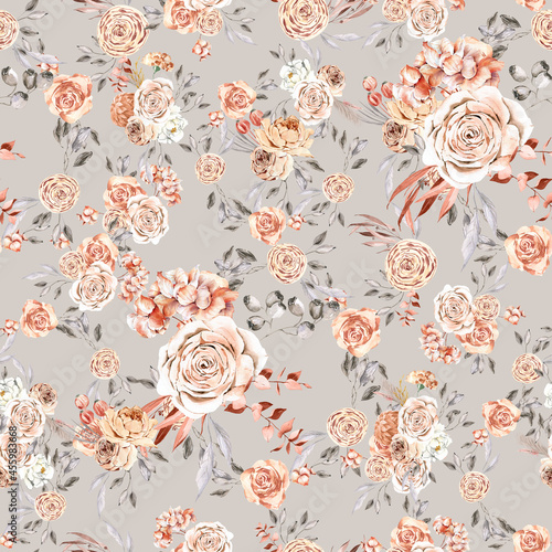 Watercolour boho seamless pattern for fabric  beige and dusty pink roses  Boho dried floral repeat background for boho wedding  textile  prints  nursery  home decor