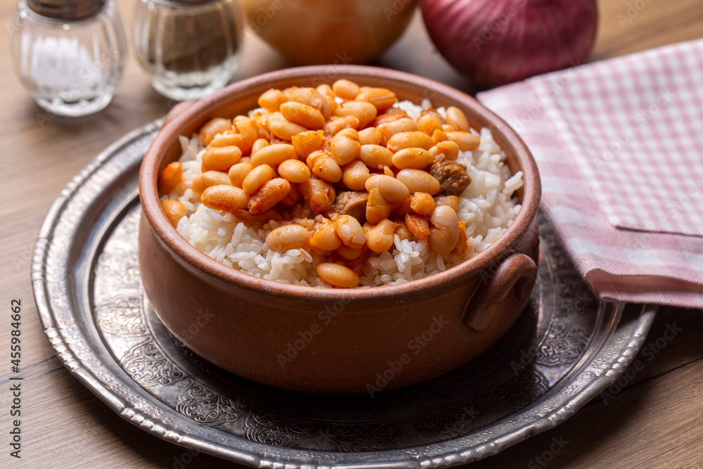 Traditional Turkish cuisine. Kuru Fasulye . Haricot Beans, rice and