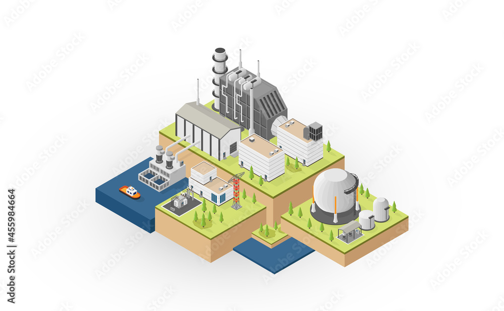 the natural gas energy, natural gas  power plant with isometric graphic