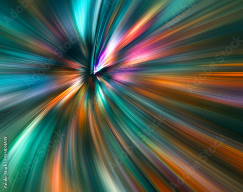 Abstract big data, speed, colorful fibers, rays background in blue and orange color. 3D Illustration