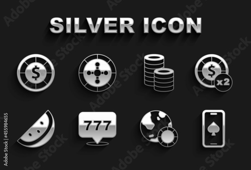Set Slot machine with jackpot, Casino chips, Online poker table game, slot watermelon, and roulette wheel icon. Vector