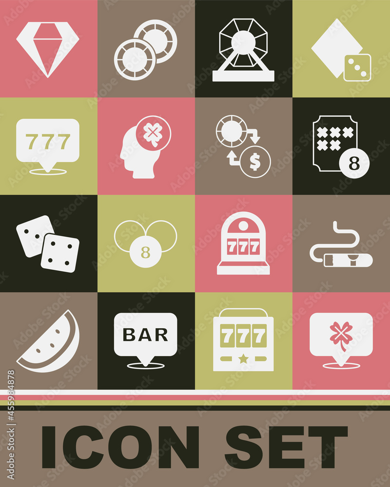 Set Casino slot machine with clover, Cigar, Lottery ball on bingo card, Slot jackpot, Diamond and chips exchange money icon. Vector Set Casino slot machine with clover, Cigar, Lottery ball on bingo card, Slot jackpot, Diamond and chips exchange money icon. Vector
