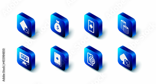 Set Money bag, Online poker table game, Casino chips, Game dice, Playing card with spades, slot machine jackpot and icon. Vector