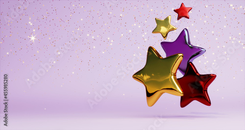 3d render of colorful star balloons flying on lilac background