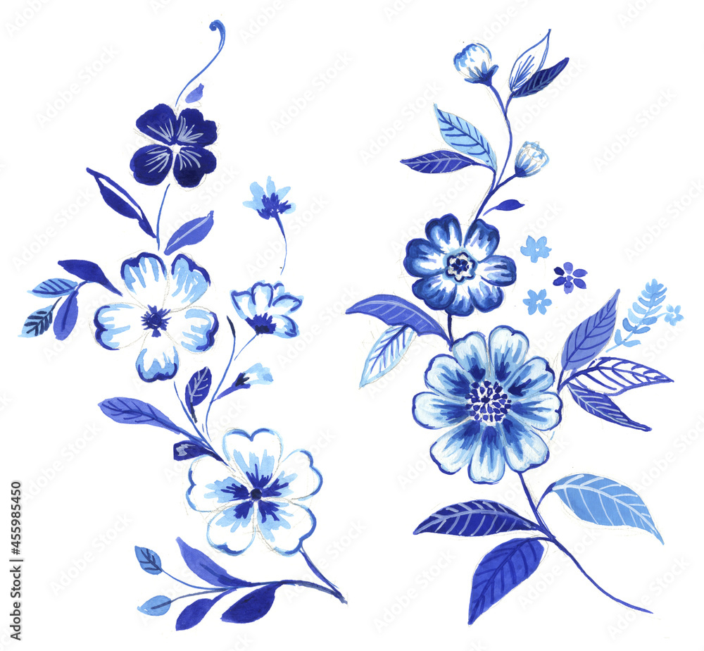Monochrome Indigo Cobalt Blue watercolor flowers isolated on a white background. Decorative border of a bouquet of flowers. Perfect for stationery, gift, fabric, home decor, wall art and more!