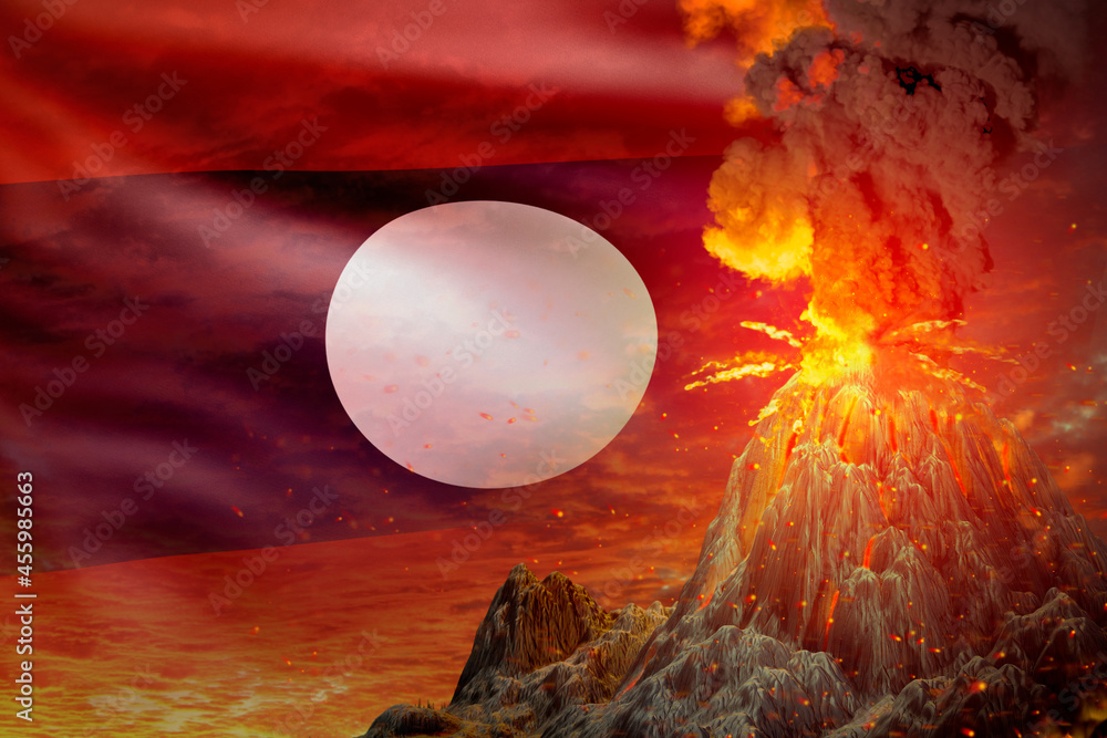 stratovolcano eruption at night with explosion on Lao People Democratic Republic flag background, problems of eruption and volcanic ash concept - 3D illustration of nature