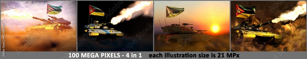 Mozambique army concept - 4 high detail illustrations of modern tank with not real design with Mozambique flag, military 3D Illustration