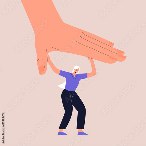 A strong woman fight with a huge hand that tries to crush her. The concept of social pressure, patriarchy, feminism, psychological diseases and health. Vector illustration in flat style. Eps 10.