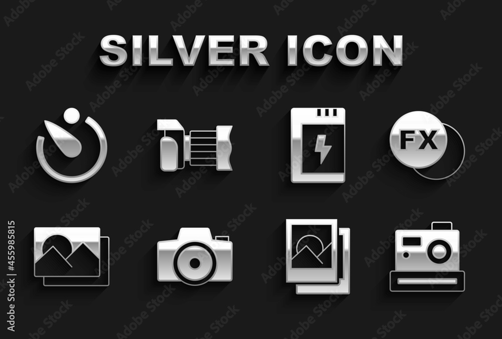 Set Photo camera, fx, frame, Battery for, Camera timer and icon. Vector Set Photo camera, fx, frame, Battery for, Camera timer and icon. Vector
