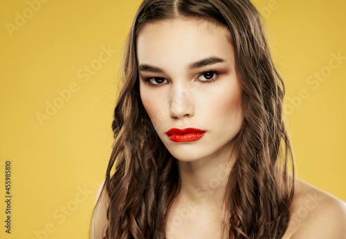 brunette attractive look luxury yellow background