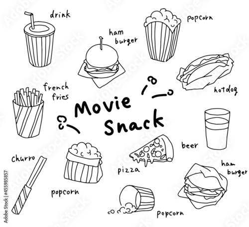 A set of hand-painted monochrome illustrations of cinema snacks