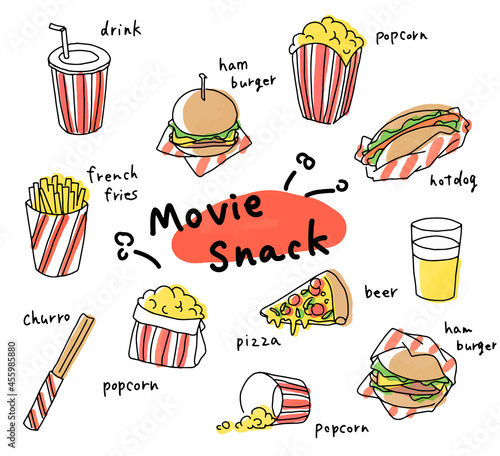 Set of hand-drawn illustrations of cinema snacks