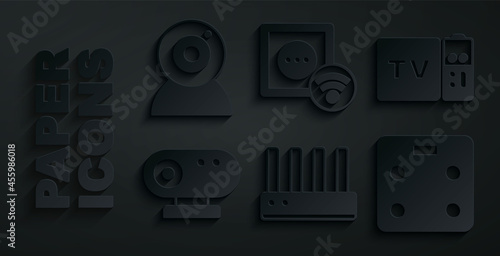 Set Router and wi-fi signal, Multimedia TV box receiver, Web camera, Smart bathroom scales, electrical outlet and icon. Vector