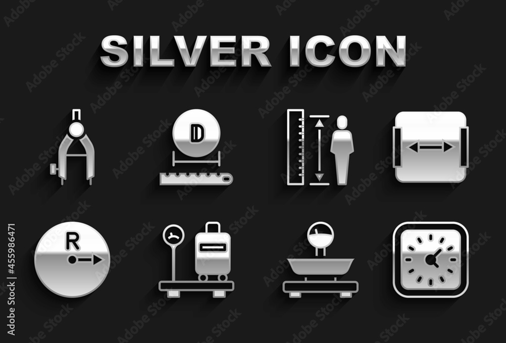 Set Scale with suitcase, Area measurement, Clock, Scales, Radius, Measuring height body, Drawing compass and Diameter icon. Vector Set Scale with suitcase, Area measurement, Clock, Scales, Radius, Measuring height body, Drawing compass and Diameter icon. Vector