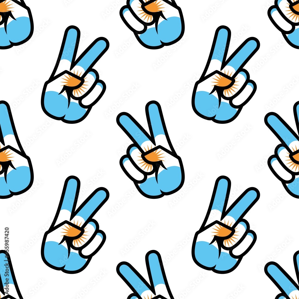 Fototapeta premium Argentina flag in the form of a peace sign. Seamless background. Gesture V victory sign, patriotic sign, icon for apps, websites, T-shirts, souvenirs, etc., isolated on white background