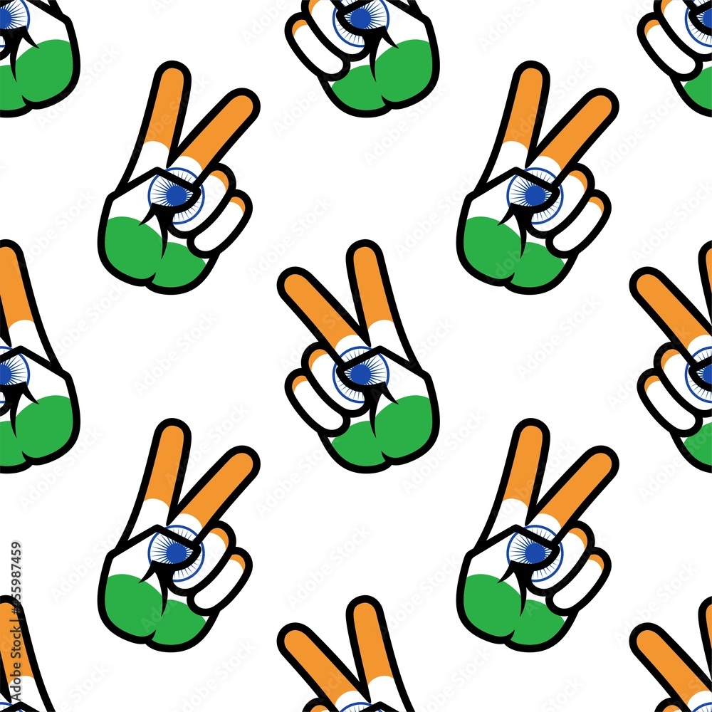 Fototapeta premium India flag in the form of a peace sign. Seamless background. Gesture V victory sign, patriotic sign, icon for apps, websites, T-shirts, souvenirs, etc., isolated on white background