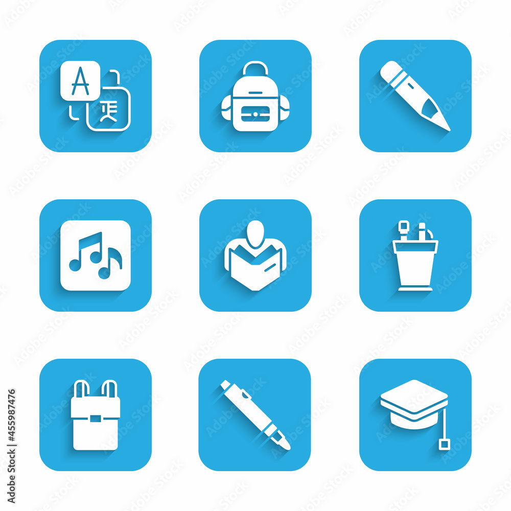 Set Man reading book, Marker pen, Graduation cap, Pencil case stationery, School backpack, Music note, tone, with eraser and Translator icon. Vector Set Man reading book, Marker pen, Graduation cap, Pencil case stationery, School backpack, Music note, tone, with eraser and Translator icon. Vector
