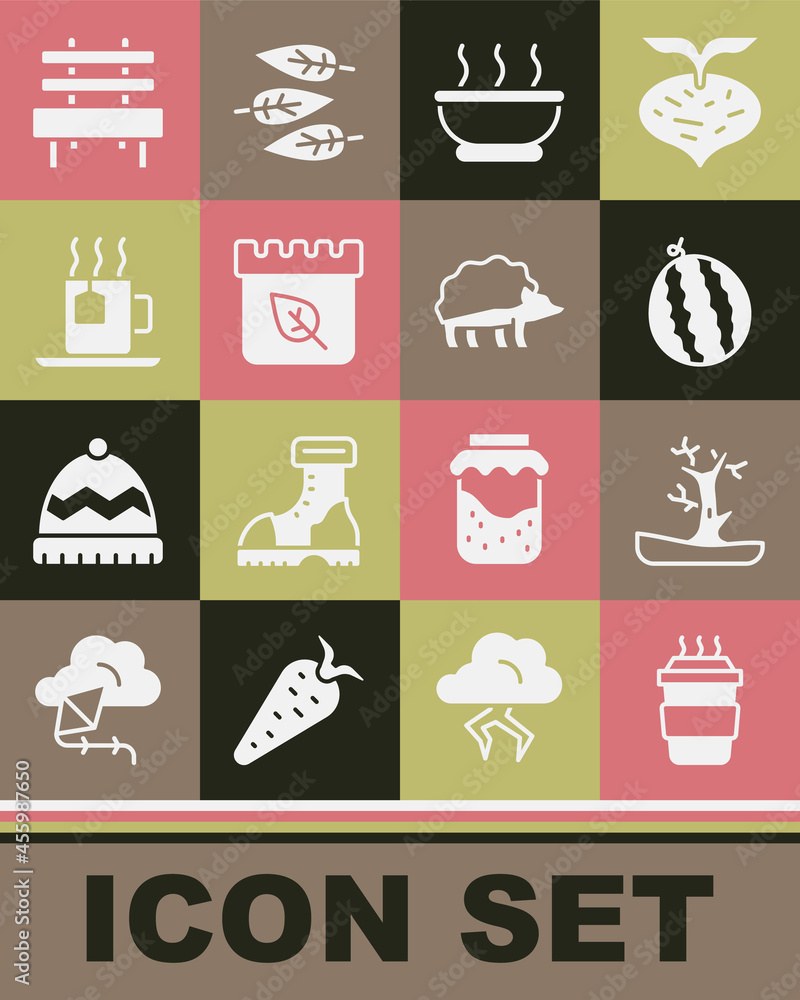 Set Coffee cup to go, Bare tree, Watermelon, Bowl hot soup, Calendar with autumn leaves, Cup tea tea bag, Bench and Hedgehog icon. Vector
