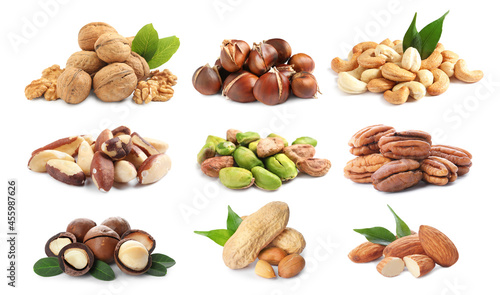 Set with different tasty nuts on white background