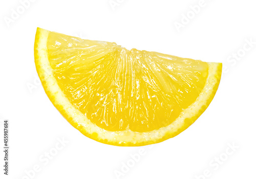 Ripe slice of yellow lemon fruit isolated on white background, cut out, juicy lemon.