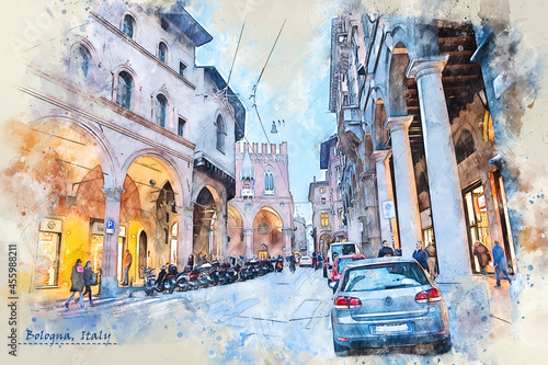 city life of Bologna, Italy, in sketch style