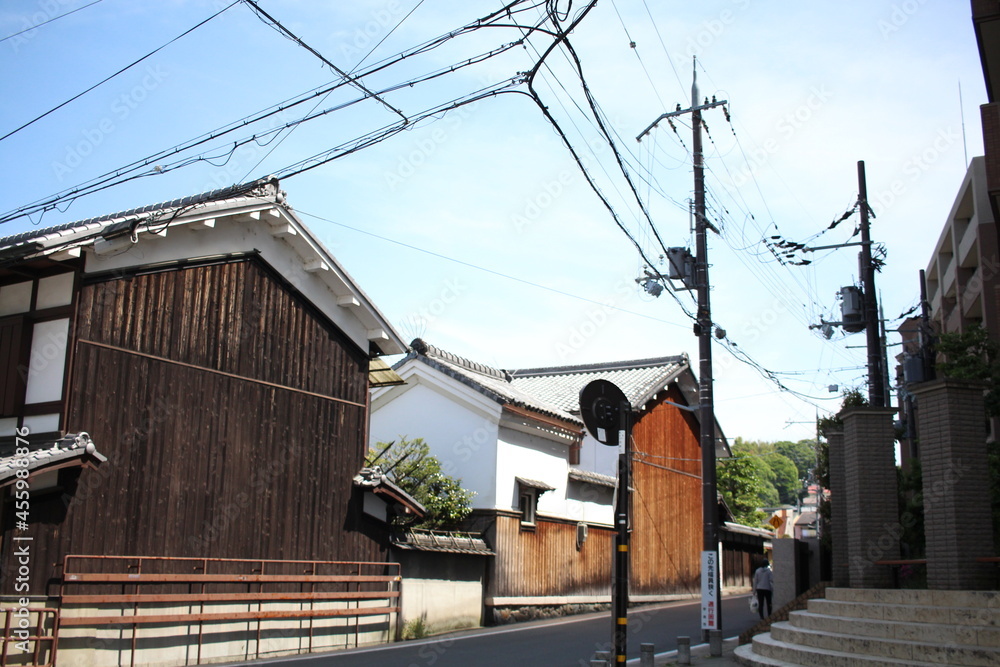 Historical Japanese house and electricity pole Historical Japanese house and electricity pole