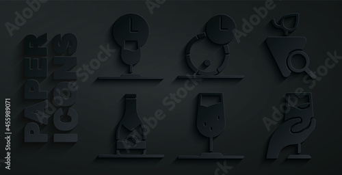 Set Wine glass, Grapes, Champagne bottle, tasting, degustation, Wooden barrel for wine and time icon. Vector