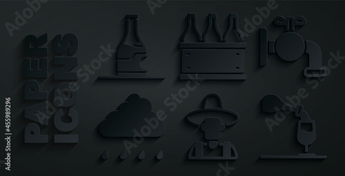 Set Farmer in the hat, Tap for barrel, Cloud with rain, Wine tasting, degustation, Bottles of wine box and icon. Vector