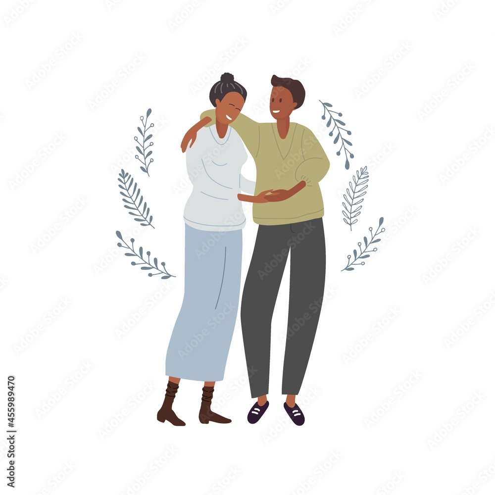 Young woman and man hold hands and hug. Two happy people smile. African American Heterosexual couple on date. Love, romantic relationships, family Flat vector illustration Young woman and man hold hands and hug. Two happy people smile. African American Heterosexual couple on date. Love, romantic relationships, family Flat vector illustration