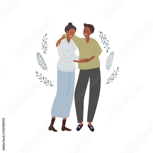 Young woman and man hold hands and hug. Two happy people smile. African American Heterosexual couple on date. Love, romantic relationships, family Flat vector illustration