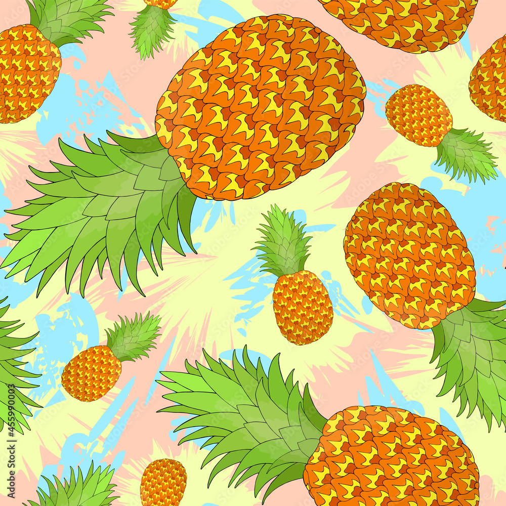 Pineapple seamless pattern on pastel stains background. Tropical fruit repeating endless texture. Yummy boundless background. Food surface pattern design. Editable tile for textile or stationery Pineapple seamless pattern on pastel stains background. Tropical fruit repeating endless texture. Yummy boundless background. Food surface pattern design. Editable tile for textile or stationery