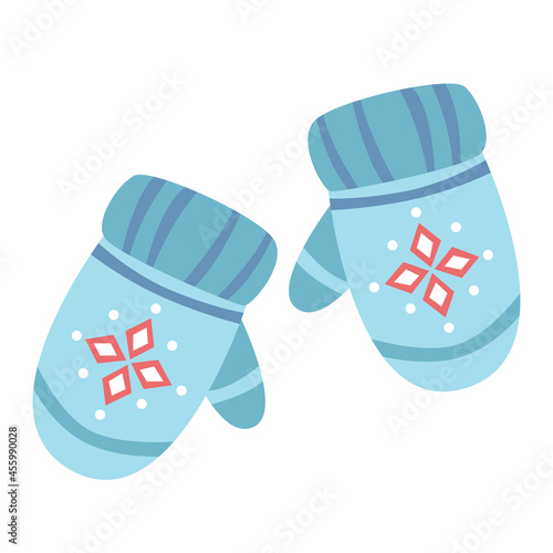 Blue knitted mittens flat style clip art. Isolated vector.