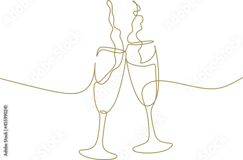 champagne bottles with cork shooting. One line drawing of an isolated vector object . Continuous line of drawing two glasses of champagne