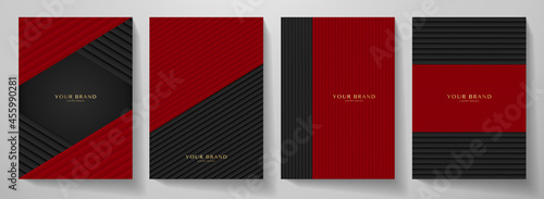 Contemporary red and black cover design set. Maroon color dynamic line pattern (geometric stripe ornament). Vector background for cover notebook, vertical business page, menu template