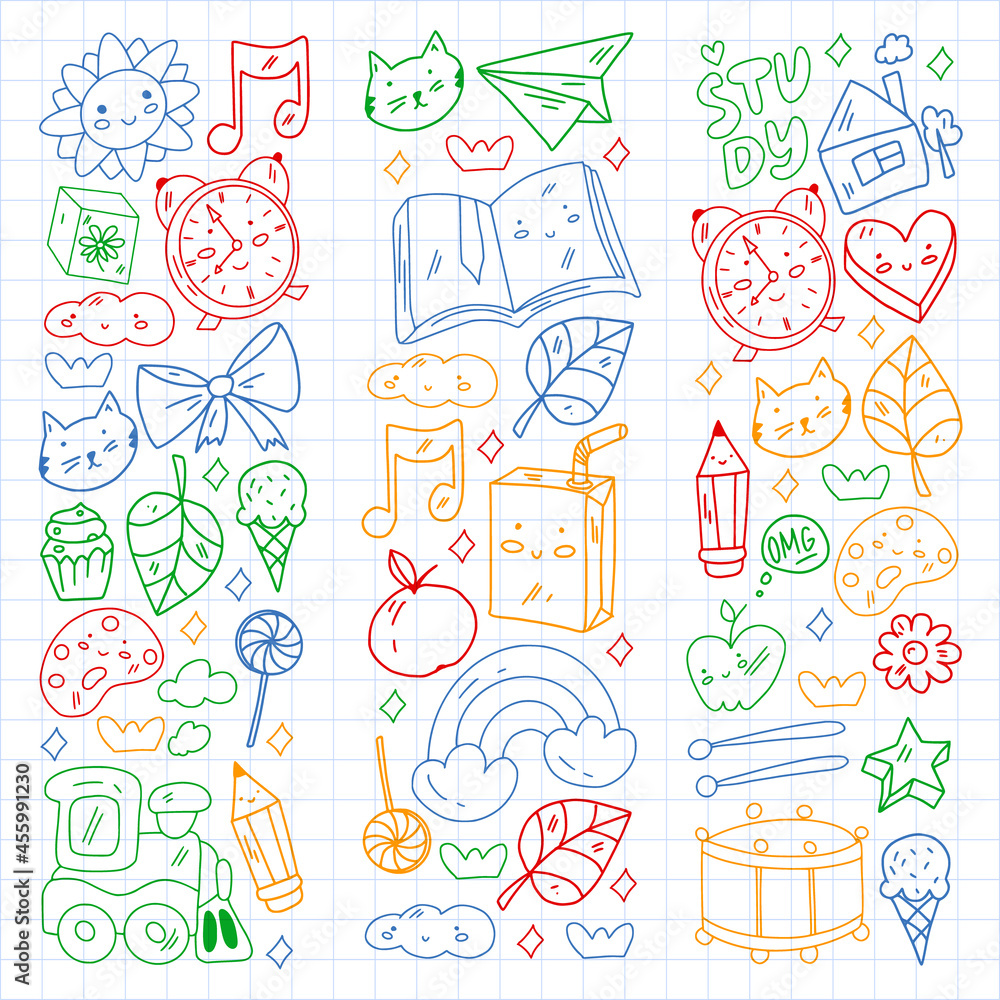 Vector pattern with school icons. E-learning, online education.