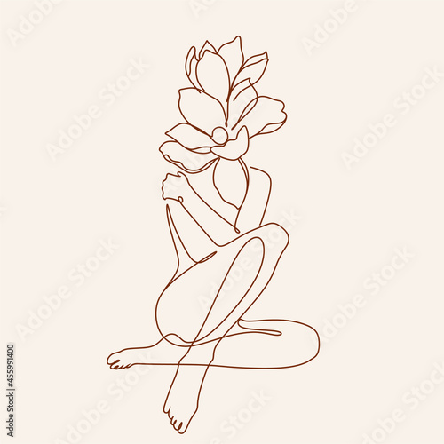 Minimal Woman Art. One Line Art. Naked Woman Wall Art. Nude Print. Naked Female Pose. Flower body 