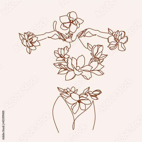 Minimal Woman Art. One Line Art. Naked Woman Wall Art. Nude Print. Naked Female Pose. Flower body 