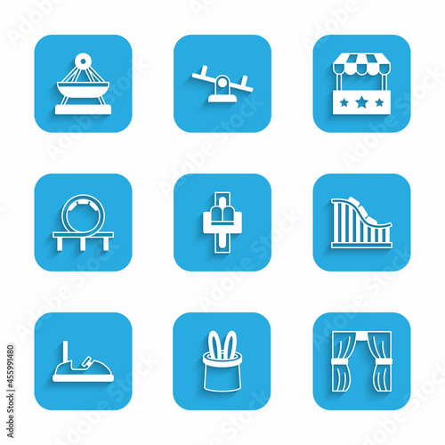 Set Attraction carousel, Magician hat and rabbit ears, Circus curtain raises, Roller coaster, Bumper, Ticket box office and Boat swing icon. Vector