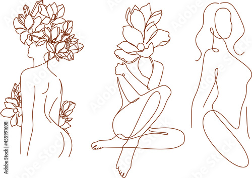 Minimal Woman Art. One Line Art. Naked Woman Wall Art. Nude Print. Naked Female Pose. Flower body 