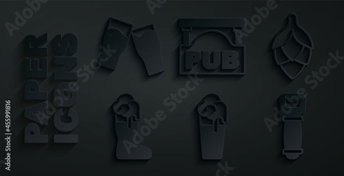 Set Glass of beer, Hop, Boot glass, Bottle opener, Street signboard with Pub and icon. Vector