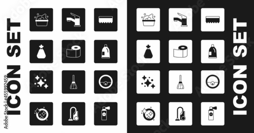 Set Sponge, Toilet paper roll, Garbage bag, Basin with soap suds, Bottle for cleaning agent, Water tap, Robot vacuum cleaner and Home service icon. Vector
