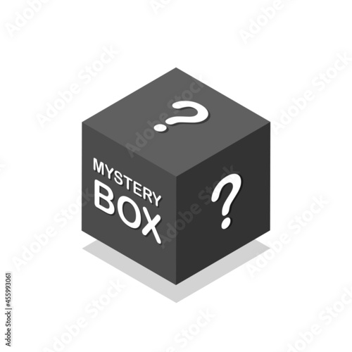 Mystery black box isometric icon. Secret prezent. Lucky prize concept. Vector illustration isolated on white background