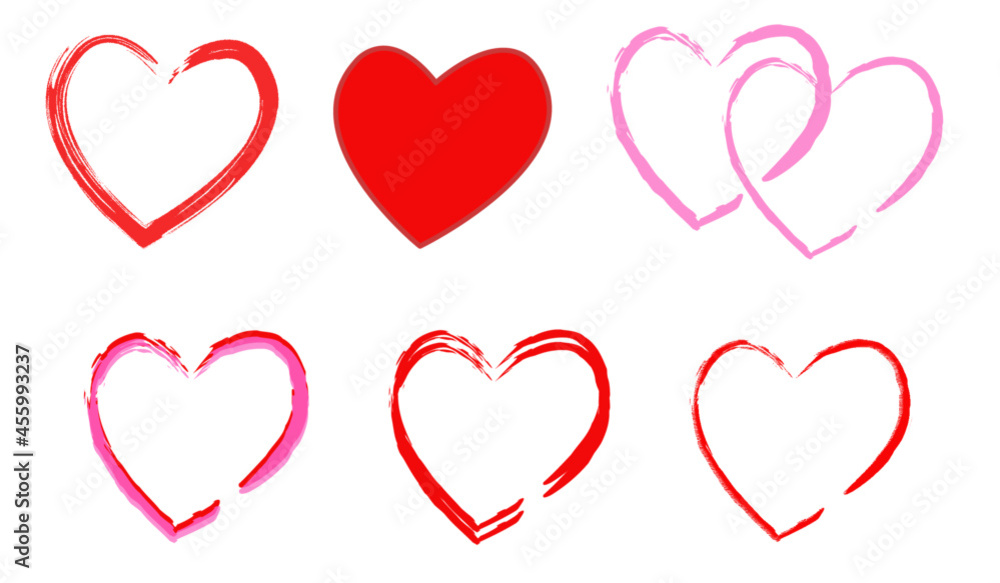 Hand drawn hearts. Red hearts. Heart simple drawings. Valentine's day. February. Hearts isolated on a white background. Vector hand drawn symbols for love