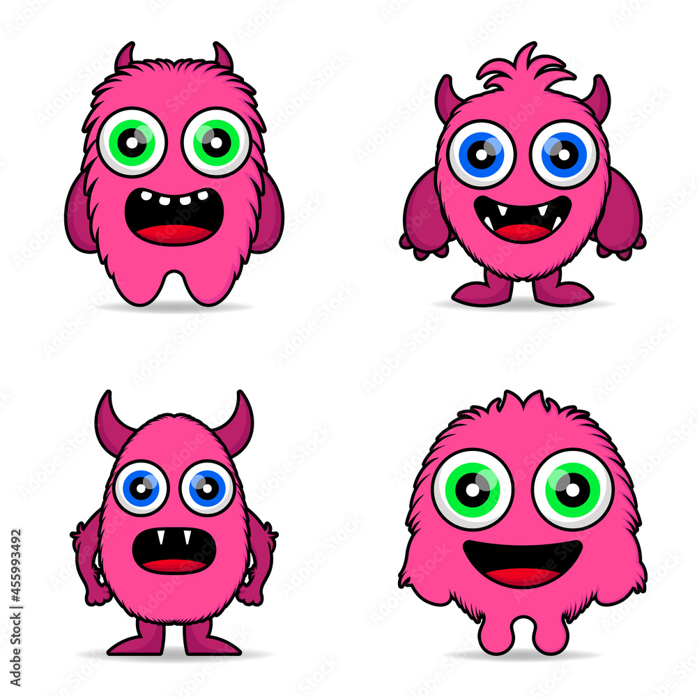 set cute furry monster pink design mascot kawaii